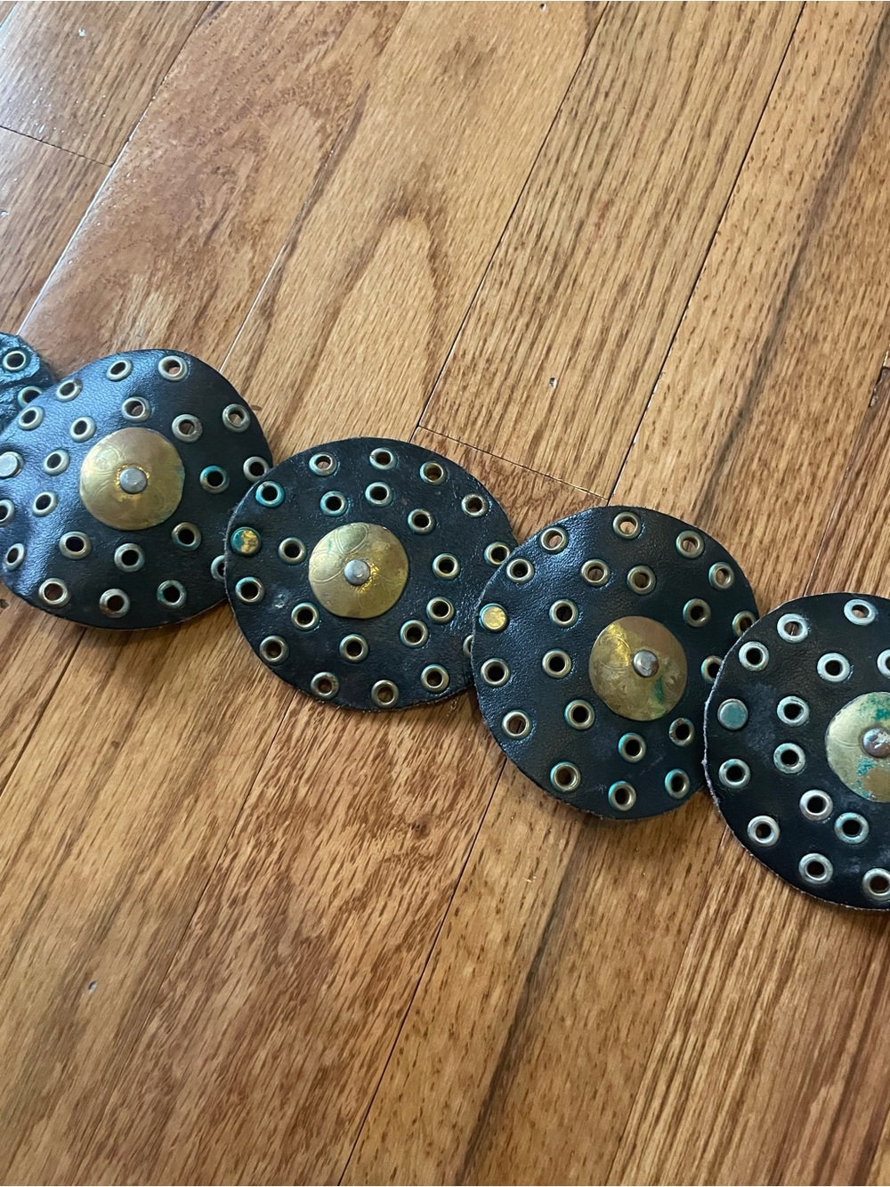 Vintage 70s 80s Moroccan Leather Grommet Disc Belt Black Western Medallion Belt - Picture 10 of 11